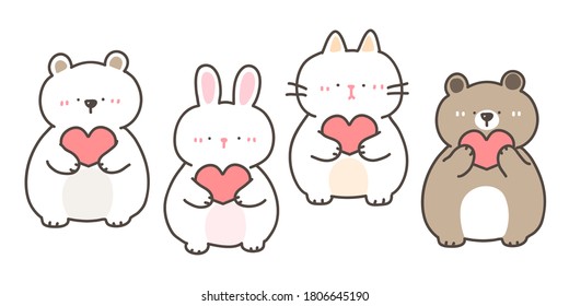 Ilustración vectorial del oso caricaturista, conejo y gato sosteniendo corazones en fondo blanco aislado