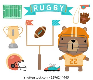 Vector illustration of cartoon bear in rugby jersey with rugby elements