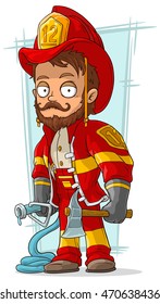 A vector illustration of cartoon bearded fireman with fire-pump