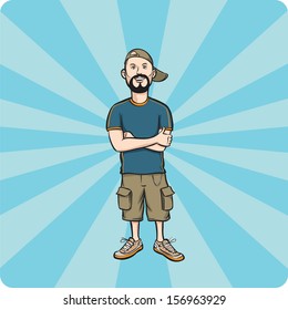 Vector illustration of Cartoon bearded guy in baseball cap and shorts. Easy-edit layered vector EPS10 file scalable to any size without quality loss. High resolution raster JPG file is included.