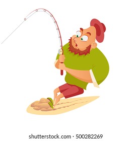 Vector illustration. Cartoon bearded fisherman with a surprised expression, catching  something big