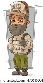 A vector illustration of cartoon bearded tourist with backpack
