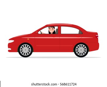 Vector illustration cartoon beautiful girl sitting in a car behind the wheel. Isolated white background. Woman behind the wheel rides on a sedan automobile. Flat style.