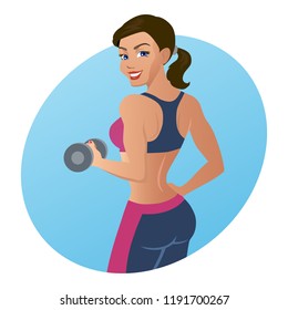 Vector illustration of a cartoon beautiful slender girl holding a dumbbell in her hand. Isolated white background. Fitness woman doing an exercise with a dumbbell.