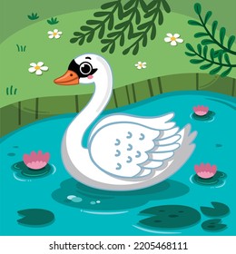 Vector illustration of cartoon beauty swan floats on river. 