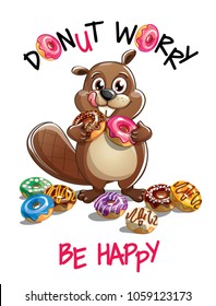 Vector illustration of cartoon beaver with donuts.