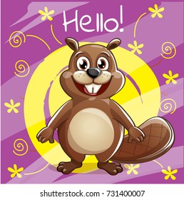 Vector illustration of cartoon beaver. Hello.