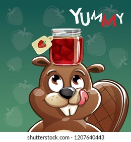 Vector illustration of cartoon beaver with jam.
