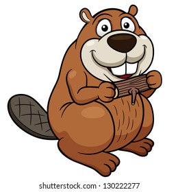 Vector illustration of Cartoon beaver with a wood