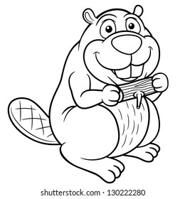 Vector illustration of Cartoon beaver with a wood - Coloring book