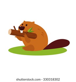 Vector illustration of Cartoon beaver with a wood in flat design