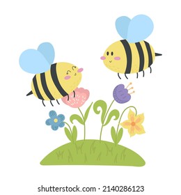 Vector illustration of a cartoon bee among flowers