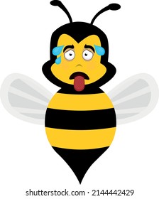 Vector illustration of a cartoon bee with an exhausted expression, with his tongue hanging out and drops of sweat on his head