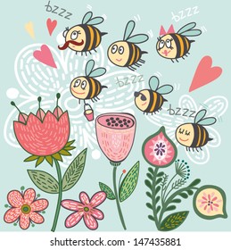 Vector illustration cartoon bee and flowers. Summer free concept card. Bright floral background in vector.