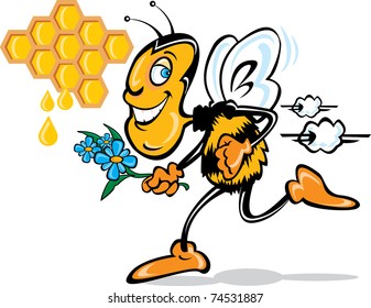 Vector illustration cartoon bee with flowers and honey comb / Cartoon Bee