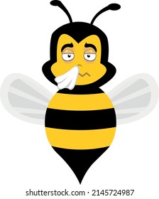 Vector illustration of a cartoon bee with a handkerchief for cold