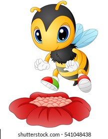 Vector illustration of Cartoon bee happy to see the flower