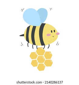 Vector illustration of cartoon bee with honeycombs
