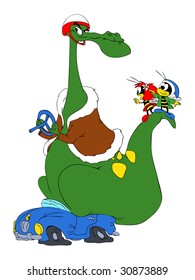 Vector illustration of Cartoon Bees  and a dinosaur.