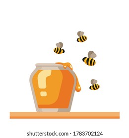 vector illustration of cartoon bees flying over a jar of honey.  drops of honey run down the jar. national honey bee day.