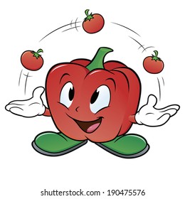 Vector illustration of a cartoon bell pepper juggling three tomatoes