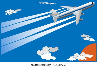 Vector illustration of cartoon big airplane with trace in sky (for postcard).