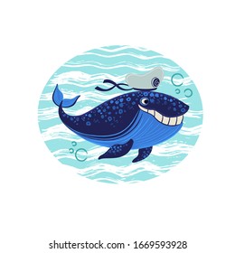 Vector illustration of cartoon,  big, blue whale, sailing the sea. Happy sea resident.