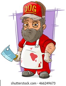 A vector illustration of cartoon big butcher in apron with back-sword