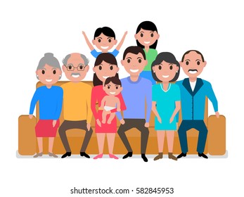 Vector illustration cartoon big happy family on the sofa. Isolated white background. Grandparents, parents, girl and boy on the couch. People sitting together on the divan. Flat style.