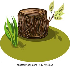 Vector Illustration of a cartoon big tree stump with bench, leaves and some blades of grass. Tree Stump.