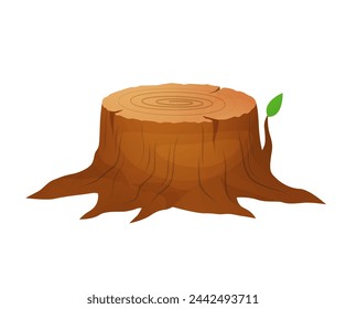 Vector Illustration of a cartoon big tree stump with roots and some blades of grass. Tree Stump.
