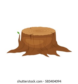 Vector Illustration Of A Cartoon Big Tree Stump With Roots And Some Blades Of Grass. Tree Stump.