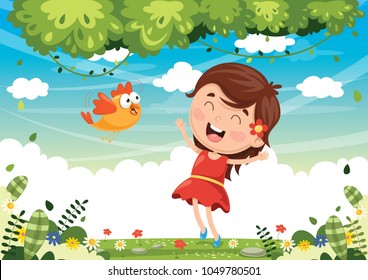 Vector Illustration Of Cartoon Bird And Girl