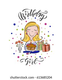 Vector illustration of cartoon birthday girl with text for T-shirt design. Celebration badge, tag, icon. Inspirational quote card, invitation, banner.  lettering typography poster. EPS 10