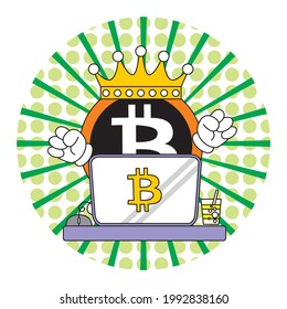 vector illustration of cartoon bitcoin working hard to get a lot of coins through the computer with a funny and smiling facial expression