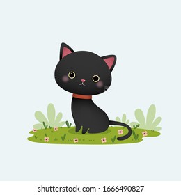 Vector illustration cartoon black cat sitting in the garden.