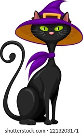 Vector illustration of a cartoon black cat wearing a purple witch hat and a purple scarf.