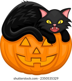 Vector illustration of a cartoon black cat resting atop a smiling Halloween jack o' lantern.