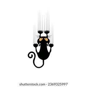 Vector illustration of a cartoon black cat sliding from top to bottom with its claws leaving a mark