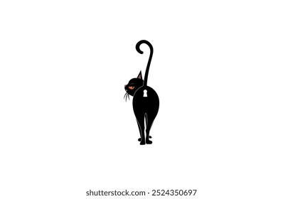 Vector illustration of a cartoon black cat with a raised tail in the form of a hook