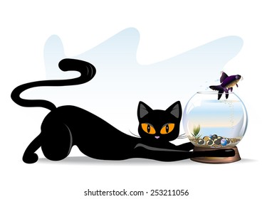 Vector illustration of cartoon black cat and fish jumping out of aquarium
