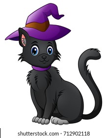 Vector illustration of Cartoon black cat in a halloween hat