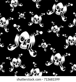 Vector illustration cartoon black emo girl skull with hair and crossed bones. Seamless background. For t-shirt design or print on textile.