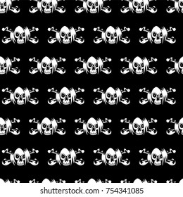 Vector illustration cartoon black emo girl skull with hair and crossed bones. Seamless background. For t-shirt design or print on textile.