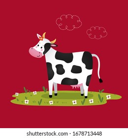 Vector illustration cartoon black and white cow in a grassy field.