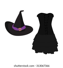 Vector illustration of a cartoon black witch hat with purple ribbon and buckle. Black gothic witch dress. Halloween costume witch