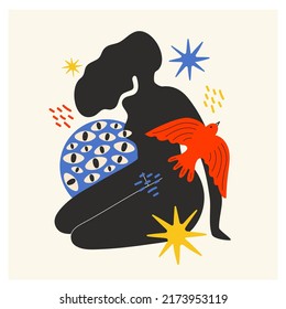 Vector illustration with cartoon black woman silhouette with red bird and stars. Abstract trendy print design, home decoration poster