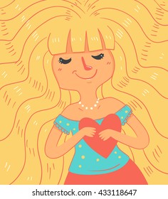 Vector illustration of a cartoon blond girl smiling, with hair spread, closed eyes and holding a big heart.