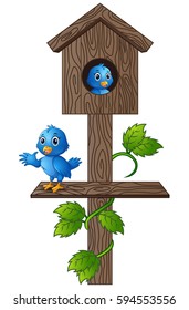 Vector illustration of Cartoon blue bird in wooden mailbox