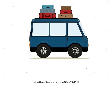 Vector illustration with cartoon blue bus with suitcases